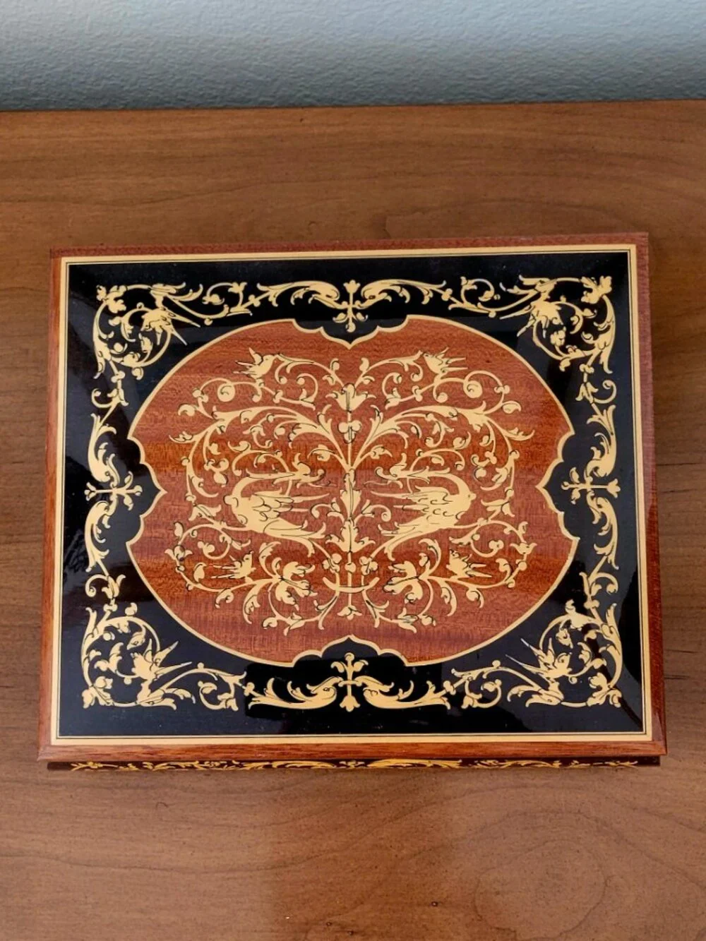 Vintage Italian Marquetry Reuge Swiss Music Jewelry Box Inlaid Wood AS-IS NR